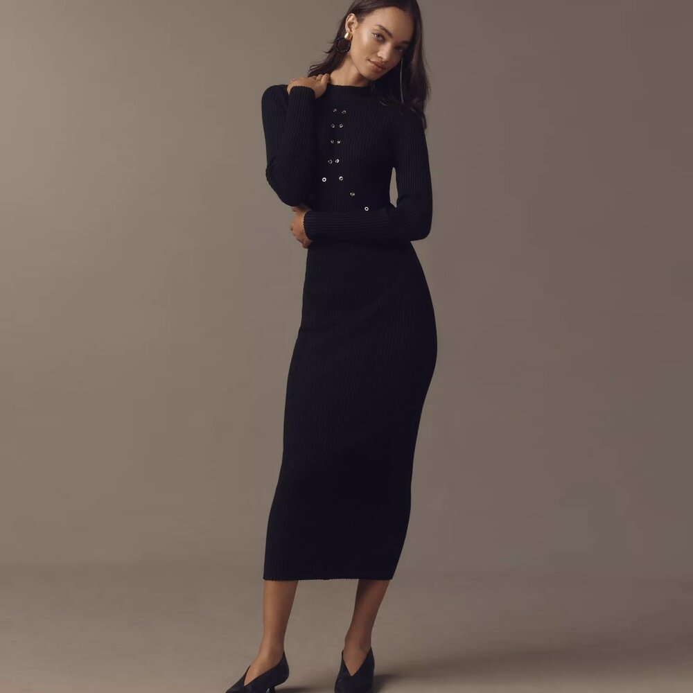 Long-Sleeve Mock Neck Studded Black Sweater Dress, By Anthropologie, Midi / Maxi